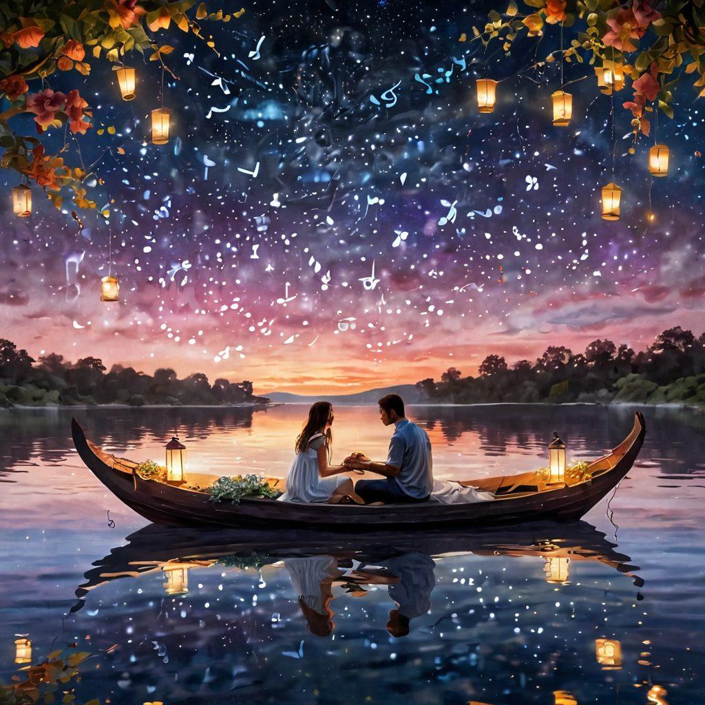 A couple sitting under a starlit sky, surrounded by floating musical notes, with their hands intertwined as they share a heartfelt serenade. The ambiance is infused with soft, glowing light emanating from lanterns, symbolizing love and connection. A backdrop of vibrant flowers and gentle waves creates a serene atmosphere. super-realistic. romantic colors. dreamy background.