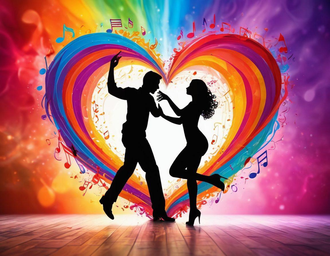 A heart shaped musical note surrounded by vibrant swirling colors, representing the emotional connection between love and music. Include silhouettes of a couple passionately dancing in the foreground, with soft light illuminating them. The background should have abstract musical instruments symbolizing various genres of music. whimsical, colorful, artistic, bright colors.