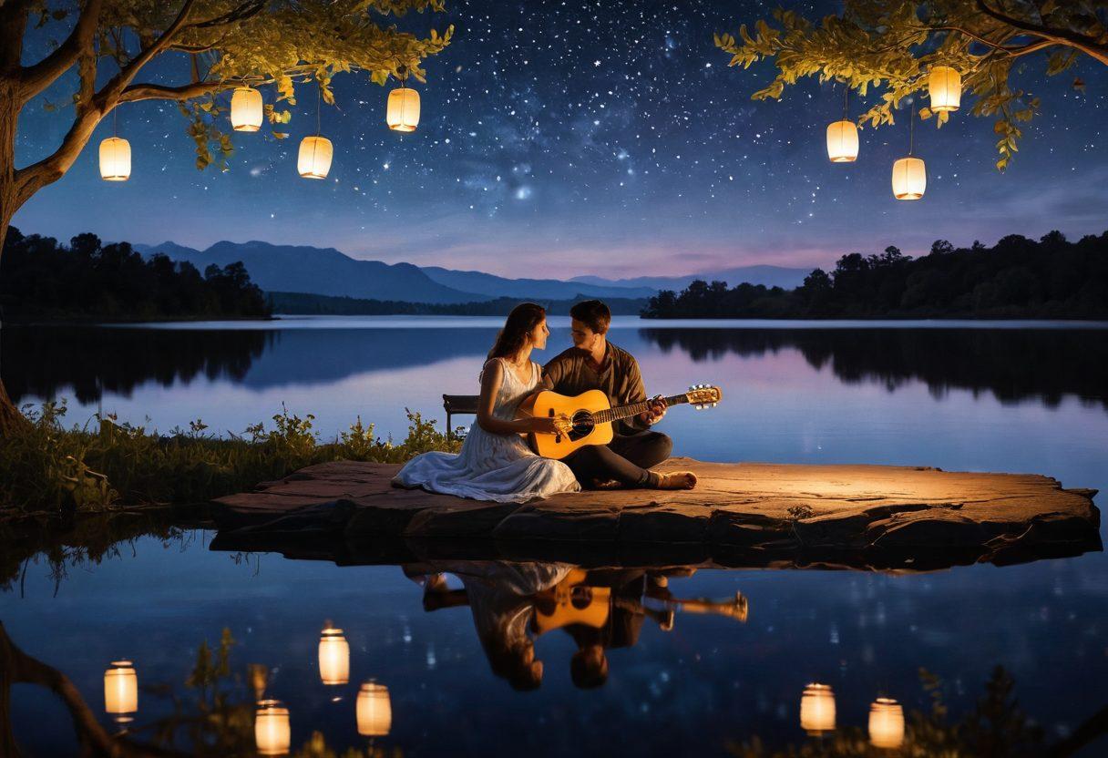 A serene couple sitting under a starlit sky, surrounded by soft, glowing lanterns as one plays a guitar, while the other listens lovingly, capturing the essence of intimacy. Gentle musical notes float in the air, intertwining with delicate flowers, symbolizing love and affection. The background features a calm lake reflecting the night sky, adding a sense of tranquility. vibrant colors. dreamy atmosphere. soft focus.